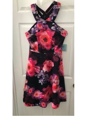 NWT Sz 14 CeCe Dillards Criss Cross Bold Floral Sun Dress Fit & Flare Romantic
